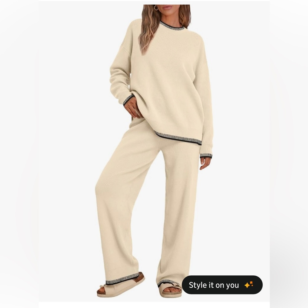 NWOT Elegant Cream Wide Leg Lounge Set